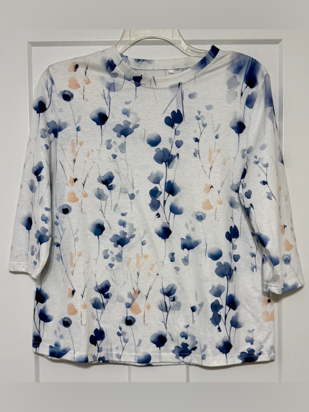 969: White Floral Watercolor Long Sleeve Top - Blue & Peach Print - Medium